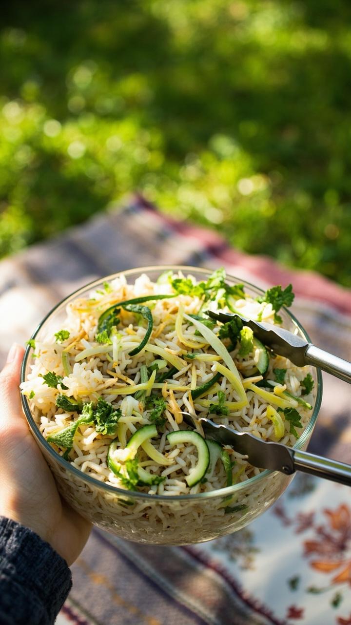 Cooled rice studded with bright green chopped cilantro and mint, thin cucumber ribbons and toasted sunflower seeds on top, served in a glass bowl with tongs, outdoor picnic blanket in background. Cooled rice studded with bright green chopped cilantro and mint, thin cucumber ribbons and toasted sunflower seeds on top, served in a glass bowl with tongs, outdoor picnic blanket in background.