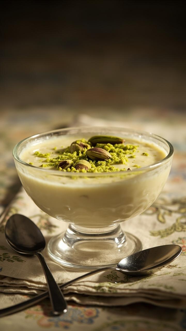 Creamy off-white pudding with a few whole cardamom pods and a sprinkle of chopped pistachios, served in a small glass bowl, teaspoon resting beside it, soft patterned napkin underneath. Creamy off-white pudding with a few whole cardamom pods and a sprinkle of chopped pistachios, served in a small glass bowl, teaspoon resting beside it, soft patterned napkin underneath.