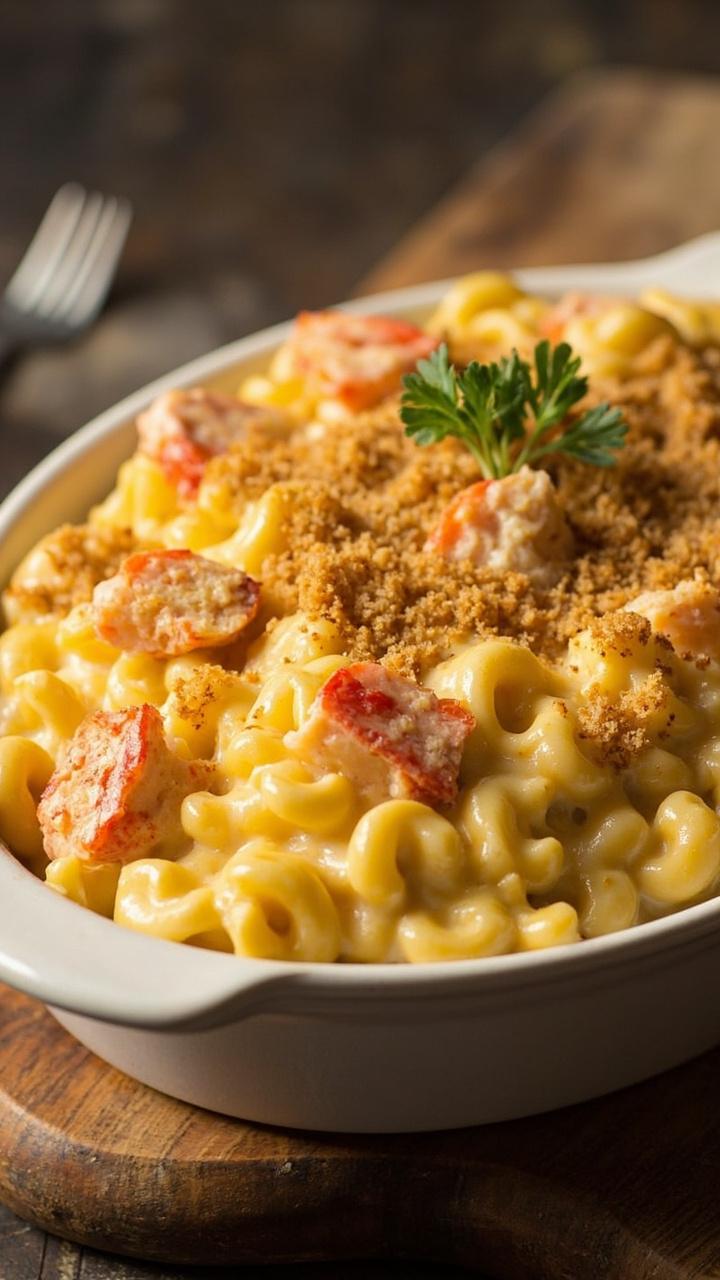 A shallow white baking dish of golden mac and cheese, visible chunks of pink lobster scattered on top, a crisp browned breadcrumb crust, small sprig of parsley, wooden table board beneath A shallow white baking dish of golden mac and cheese, visible chunks of pink lobster scattered on top, a crisp browned breadcrumb crust, small sprig of parsley, wooden table board beneath