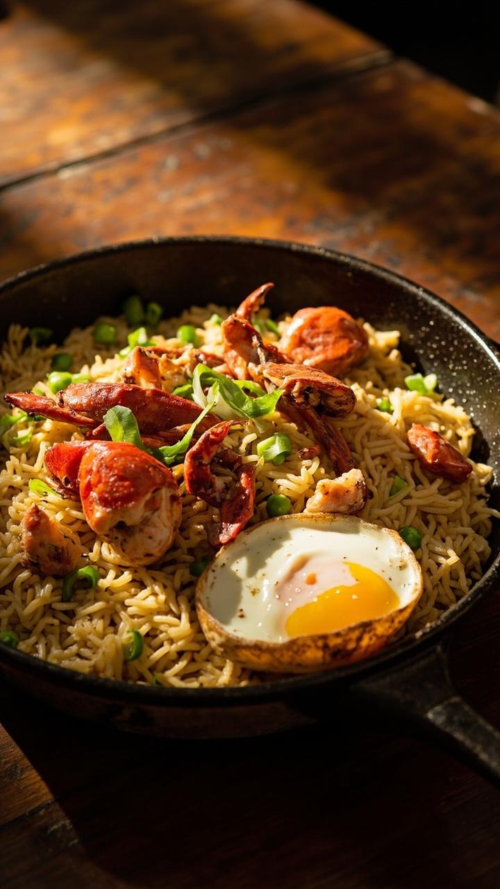 A wide skillet full of glossy fried rice with bright green peas and scallions, chunks of lobster on top, a soft fried egg nestled on the side, dark wooden table under the skillet A wide skillet full of glossy fried rice with bright green peas and scallions, chunks of lobster on top, a soft fried egg nestled on the side, dark wooden table under the skillet