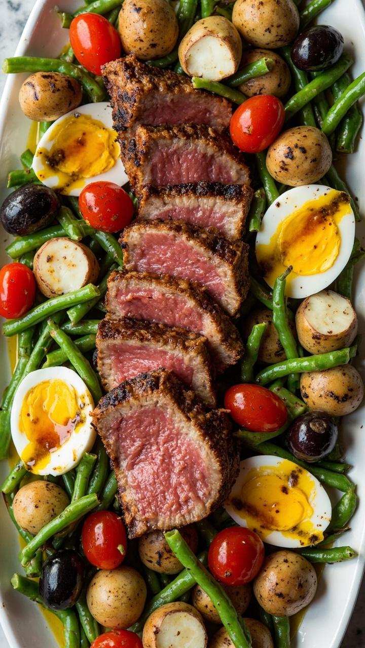 Large platter with slices of grilled tuna, hard-boiled eggs halved, green beans, boiled baby potatoes, cherry tomatoes, and black olives, all nestled together. Drizzle of vinaigrette across the top. Large platter with slices of grilled tuna, hard-boiled eggs halved, green beans, boiled baby potatoes, cherry tomatoes, and black olives, all nestled together. Drizzle of vinaigrette across the top.