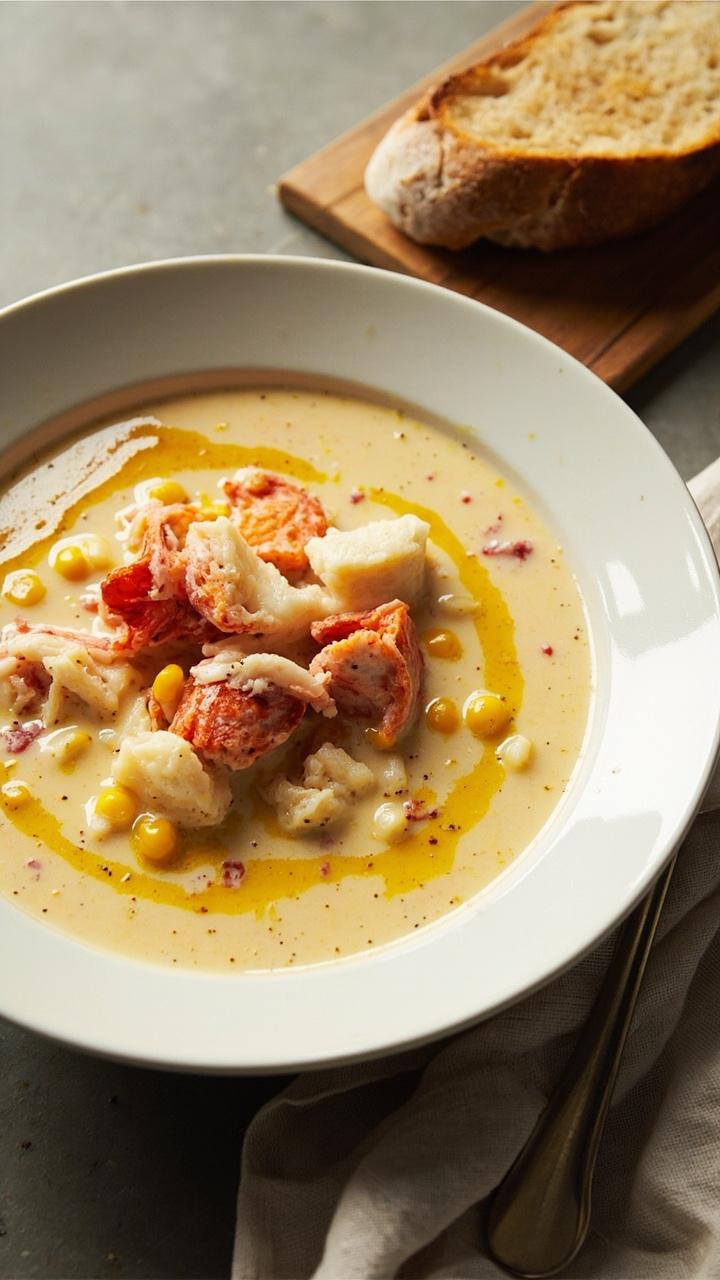 A deep white bowl of creamy chowder dotted with lobster chunks and corn kernels, a drizzle of olive oil, crusty bread slice on a small board, linen napkin beside A deep white bowl of creamy chowder dotted with lobster chunks and corn kernels, a drizzle of olive oil, crusty bread slice on a small board, linen napkin beside