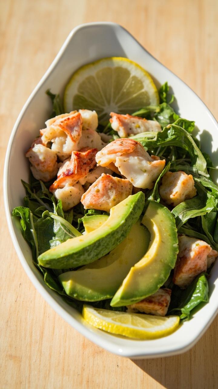 A shallow white salad bowl with mixed baby greens slices of ripe avocado lobster chunks glistening with vinaigrette citrus slices on the rim, light wooden table surface A shallow white salad bowl with mixed baby greens slices of ripe avocado lobster chunks glistening with vinaigrette citrus slices on the rim, light wooden table surface
