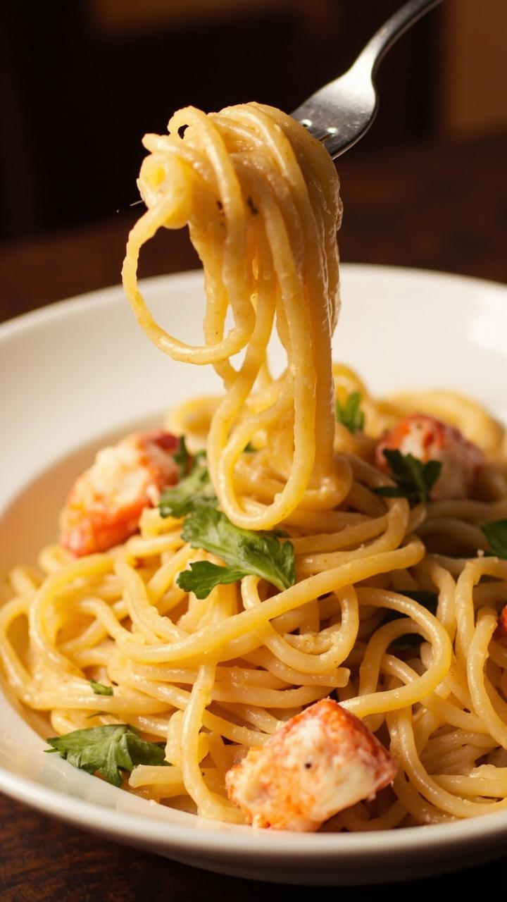 A shallow white pasta bowl with long linguine coated in glossy cream sauce, visible lobster chunks, thinly sliced parsley scattered on top, fork twirled in the nest A shallow white pasta bowl with long linguine coated in glossy cream sauce, visible lobster chunks, thinly sliced parsley scattered on top, fork twirled in the nest