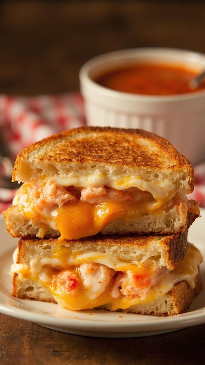 Two diagonally cut grilled cheese sandwiches stacked slightly showing gooey melted cheese and chunks of lobster inside, small bowl of tomato soup in the background, checkered napkin Two diagonally cut grilled cheese sandwiches stacked slightly showing gooey melted cheese and chunks of lobster inside, small bowl of tomato soup in the background, checkered napkin