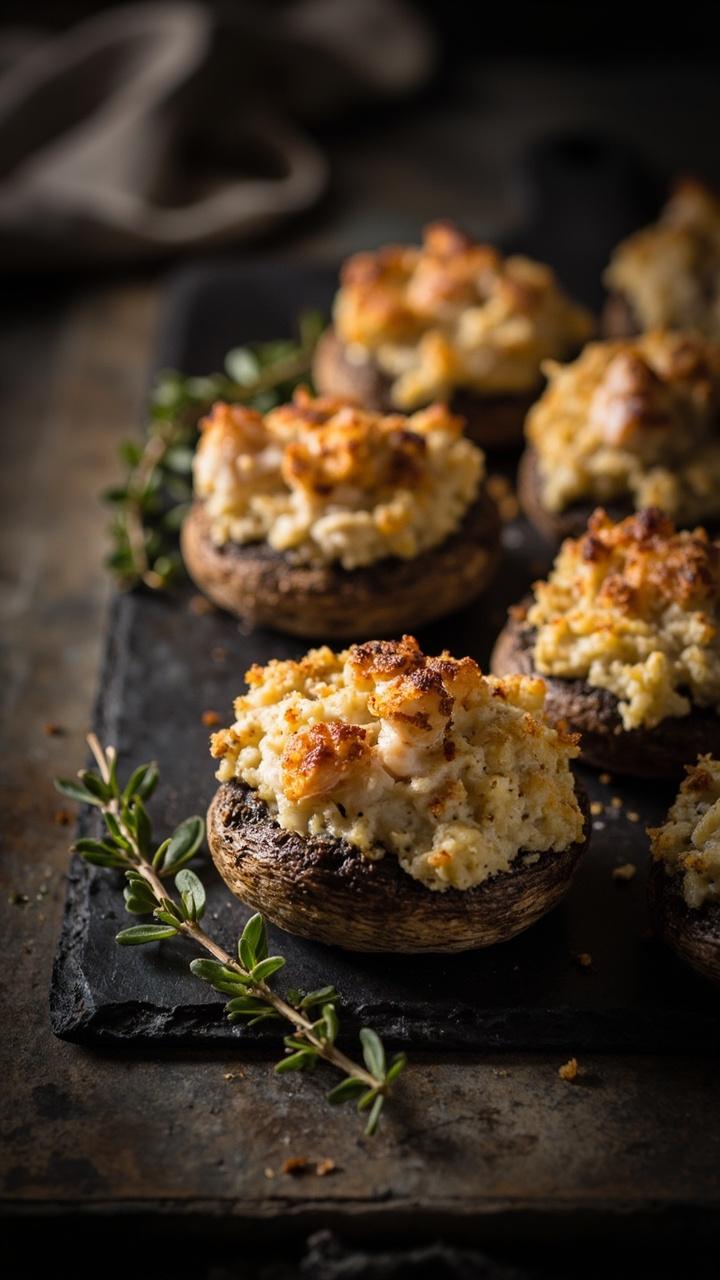 Baking sheet with large mushroom caps filled with creamy lobster breadcrumb mixture, golden browned tops, sprig of thyme on the side, slate board underneath Baking sheet with large mushroom caps filled with creamy lobster breadcrumb mixture, golden browned tops, sprig of thyme on the side, slate board underneath