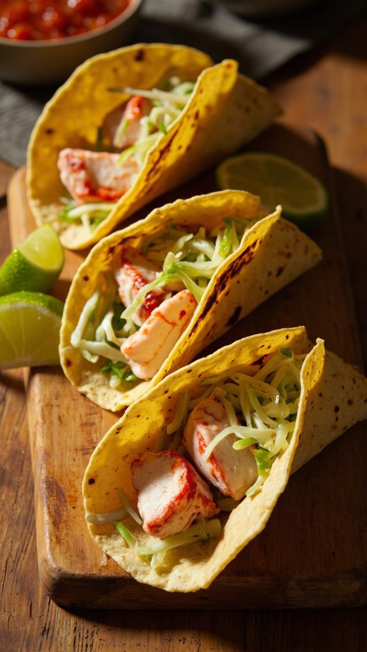 Three small corn tortillas folded with lobster pieces and crunchy lime slaw, lime wedges on the side, small bowl of salsa in the background, wooden serving board Three small corn tortillas folded with lobster pieces and crunchy lime slaw, lime wedges on the side, small bowl of salsa in the background, wooden serving board
