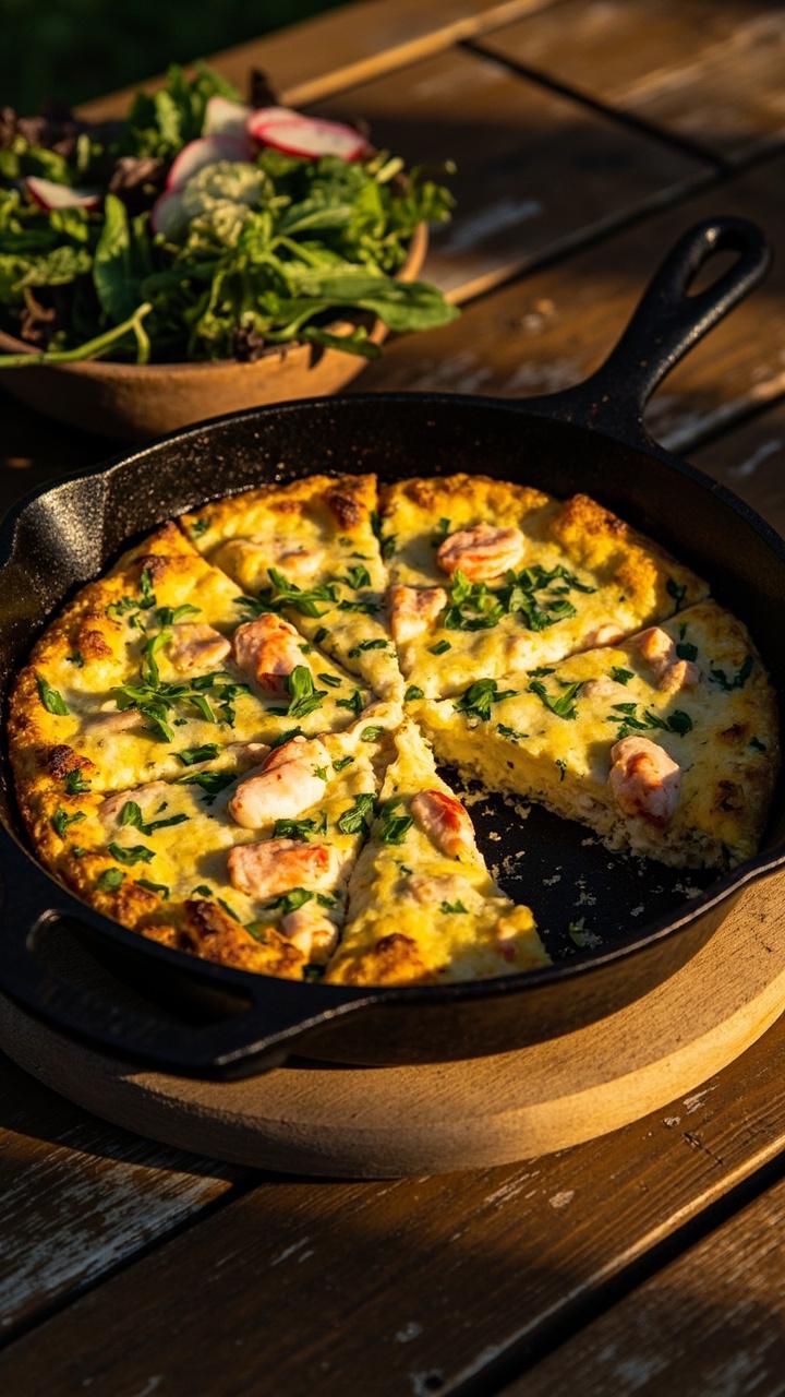 A golden frittata in a cast iron skillet cut into wedges with visible lobster and green herb flecks, small bowl of mixed greens beside, rustic wooden table A golden frittata in a cast iron skillet cut into wedges with visible lobster and green herb flecks, small bowl of mixed greens beside, rustic wooden table