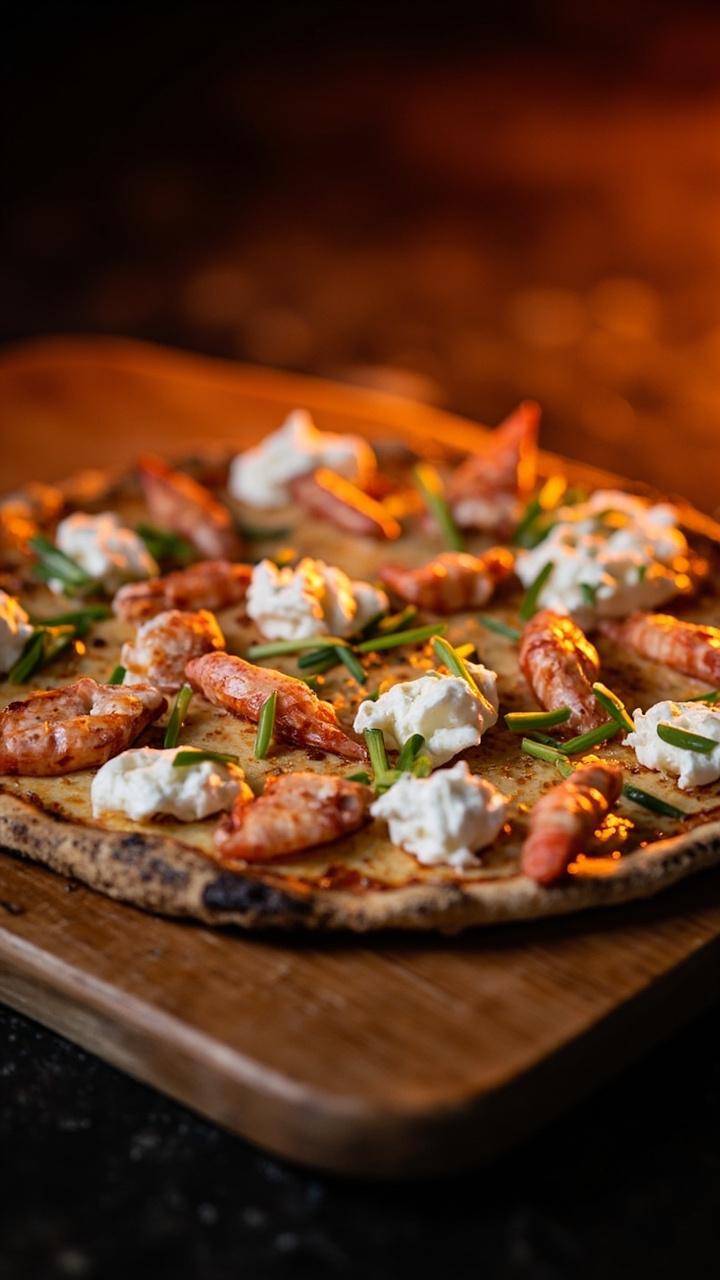 A thin crust pizza on a wooden peel with white ricotta dollops melted slightly, scattered lobster pieces, thinly sliced chives, charred crust edge A thin crust pizza on a wooden peel with white ricotta dollops melted slightly, scattered lobster pieces, thinly sliced chives, charred crust edge