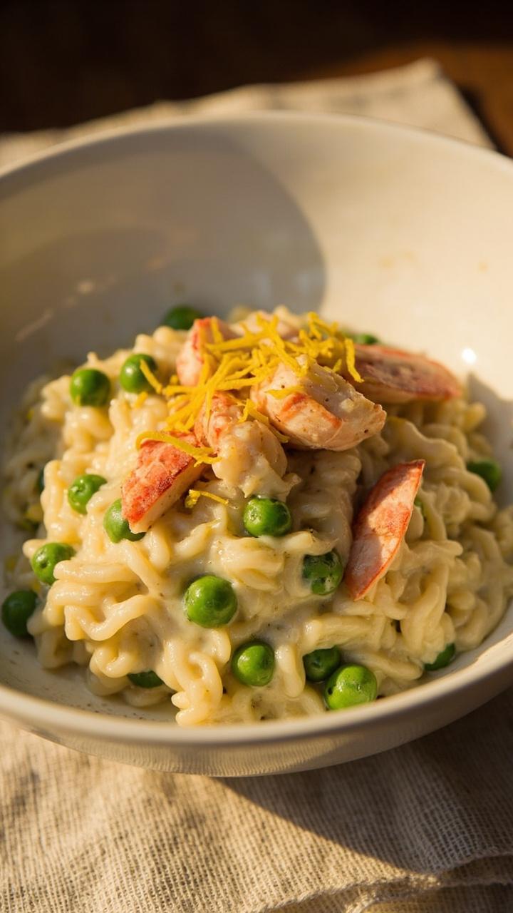 A shallow ceramic bowl of glossy risotto dotted with green peas and pink lobster pieces, lemon zest sprinkled on top, linen placemat beneath A shallow ceramic bowl of glossy risotto dotted with green peas and pink lobster pieces, lemon zest sprinkled on top, linen placemat beneath