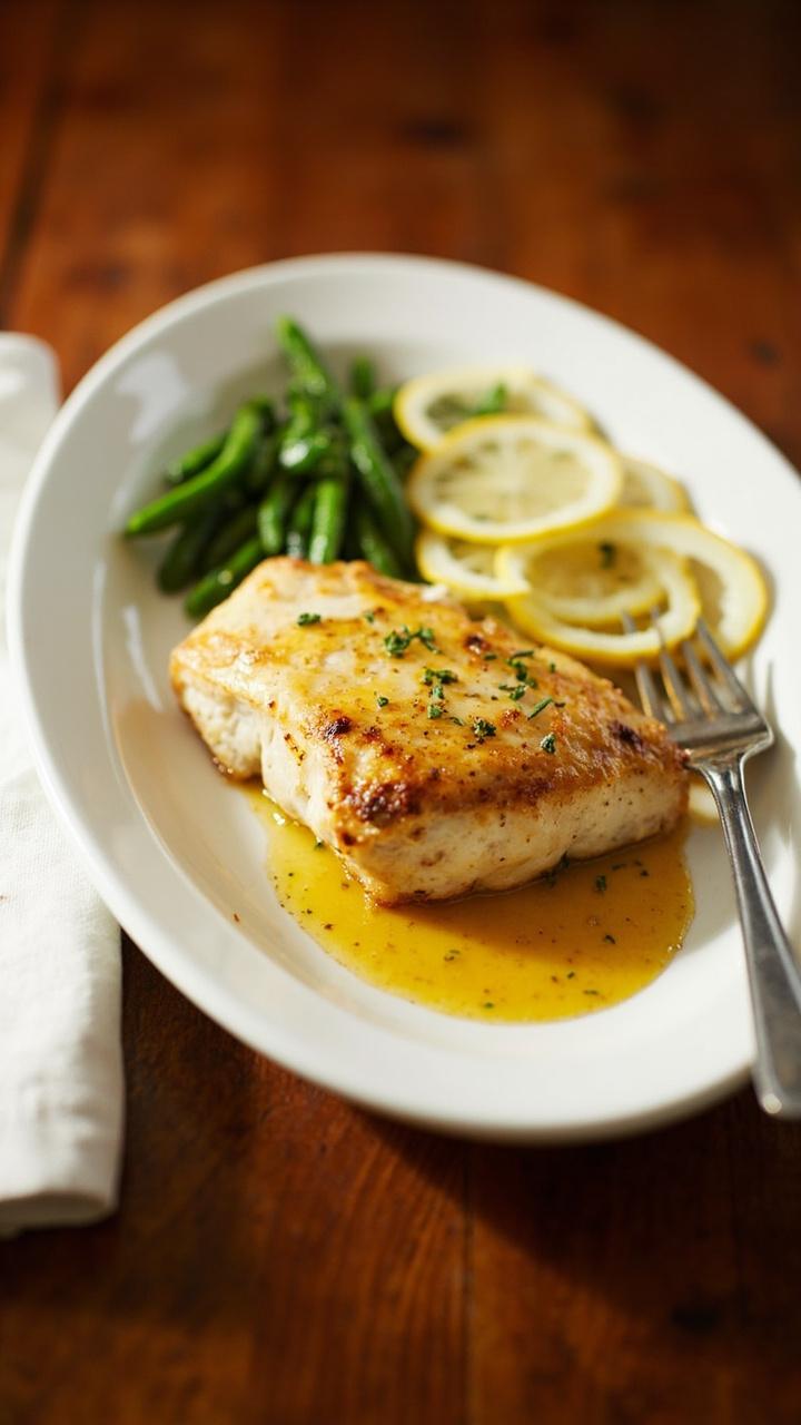 white oval plate with a golden pan-seared cod loin topped with a glossy lemon butter sauce, thin lemon slices beside the fish, a small pile of steamed green beans with a sprinkle of chopped parsley, a linen napkin and a wooden table
