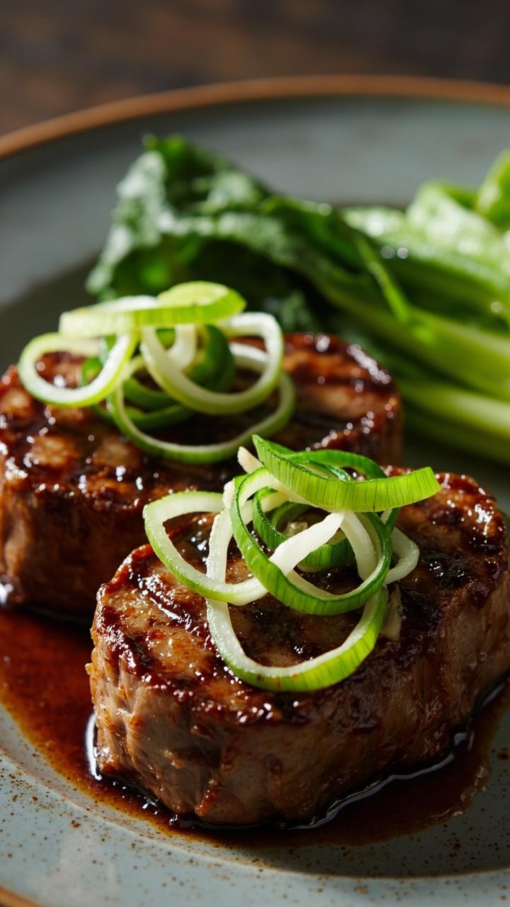 Grilled tuna steaks with a shiny soy-ginger glaze, topped with thinly sliced green onions, laid out on a simple gray ceramic plate with a side of steamed bok choy. Grilled tuna steaks with a shiny soy-ginger glaze, topped with thinly sliced green onions, laid out on a simple gray ceramic plate with a side of steamed bok choy.