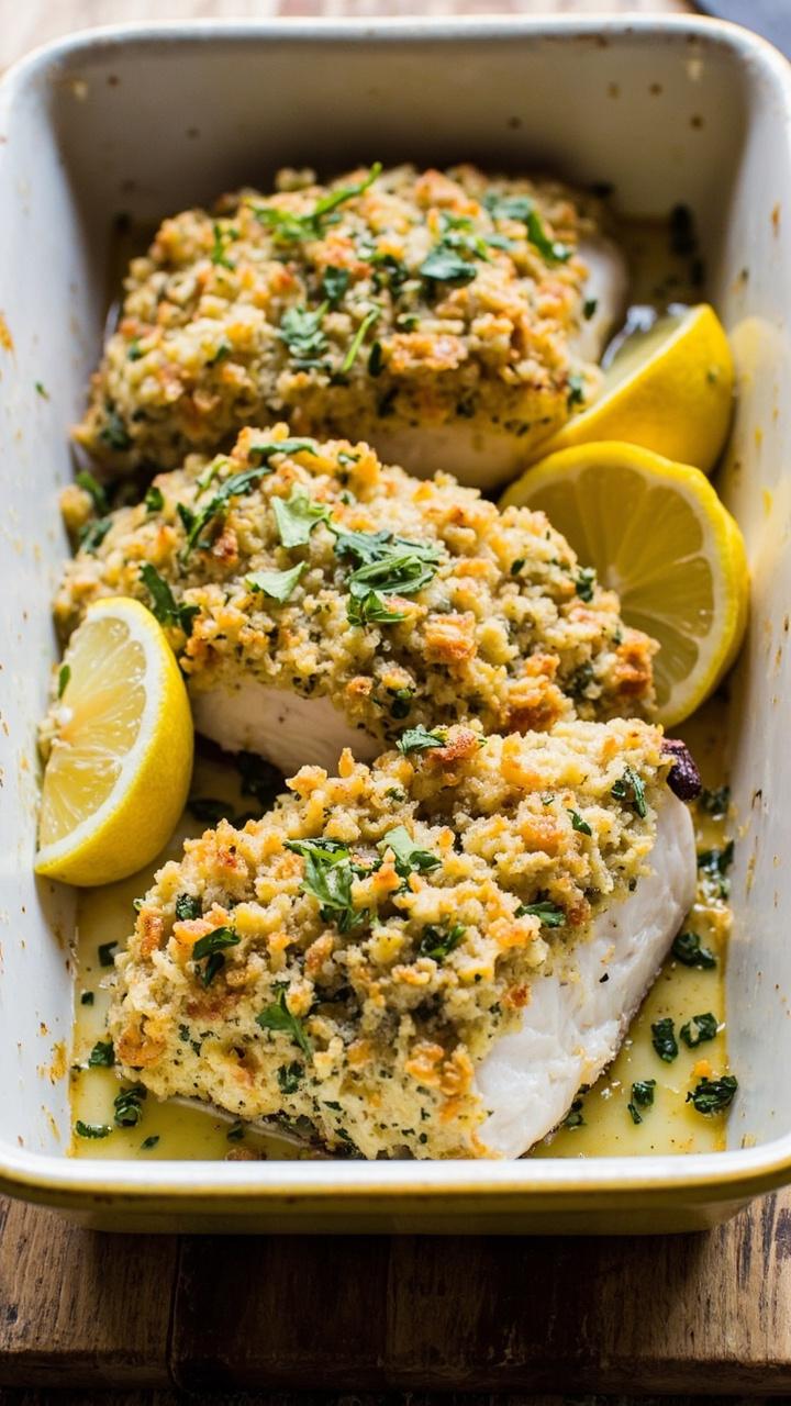 rectangular baking dish with three herb crusted cod loins browned on top, coarse breadcrumbs and green herb flecks visible, lemon wedges on the side, rustic wooden board underneath