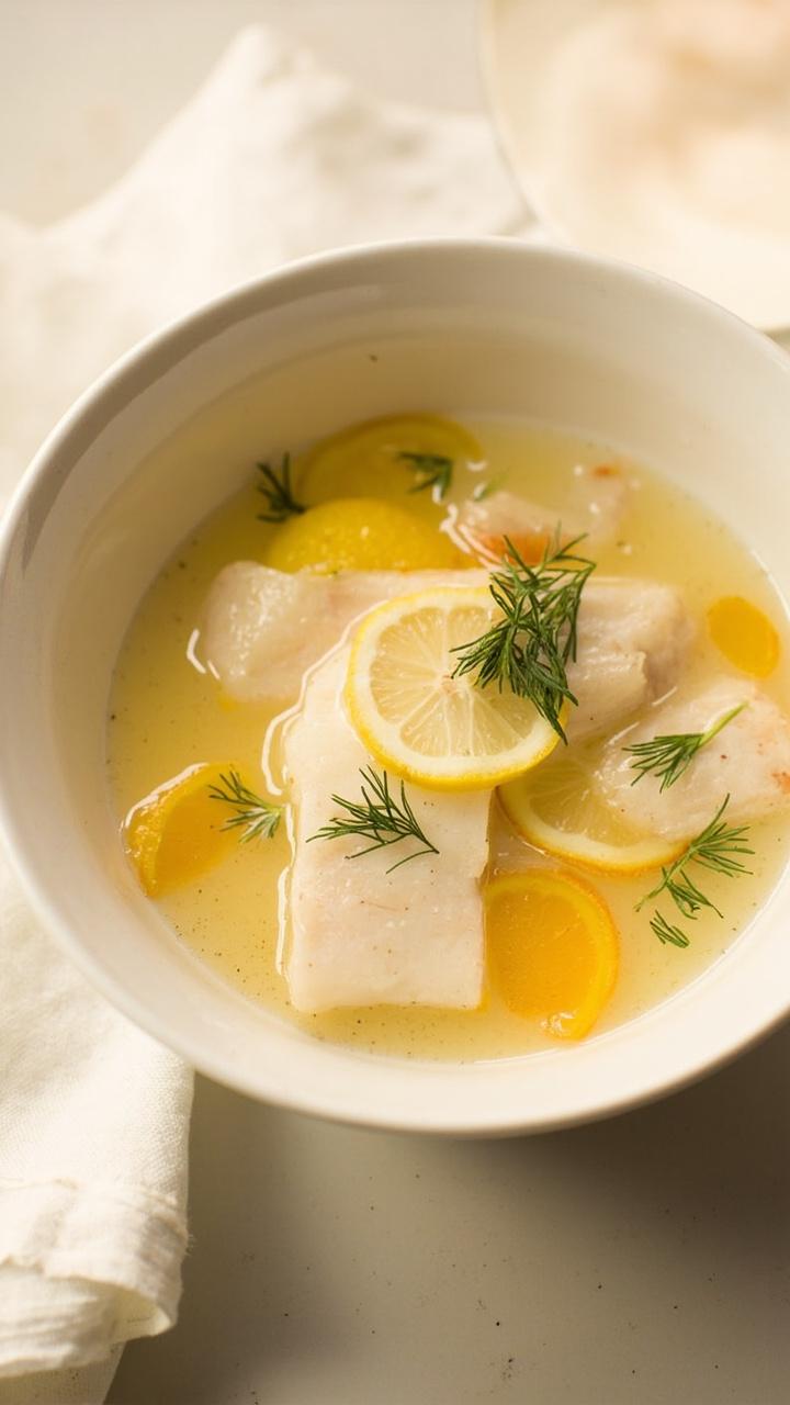 shallow white bowl with a poached cod loin resting in a pale citrus broth, floating thin orange and lemon slices, small sprigs of dill and parsley, a linen napkin beside the bowl