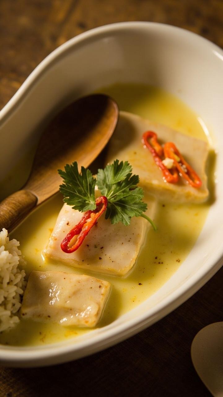 shallow bowl with cod loins sitting in a creamy pale yellow coconut curry, thin slices of red chili and cilantro sprigs on top, a mound of jasmine rice to the side, a wooden spoon beside the bowl