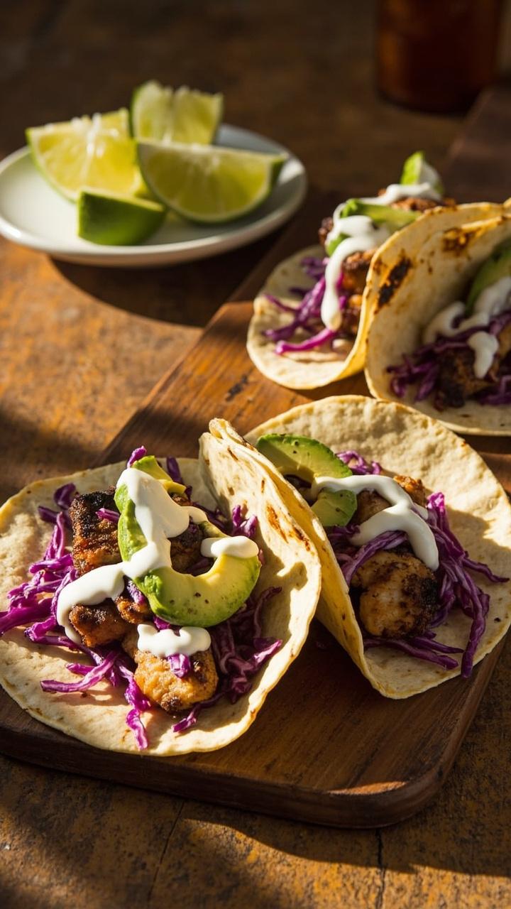 three soft corn tortillas each folded and filled with blackened cod loin pieces, shredded purple cabbage, avocado slices and a drizzle of crema, lime wedges on a small plate beside them