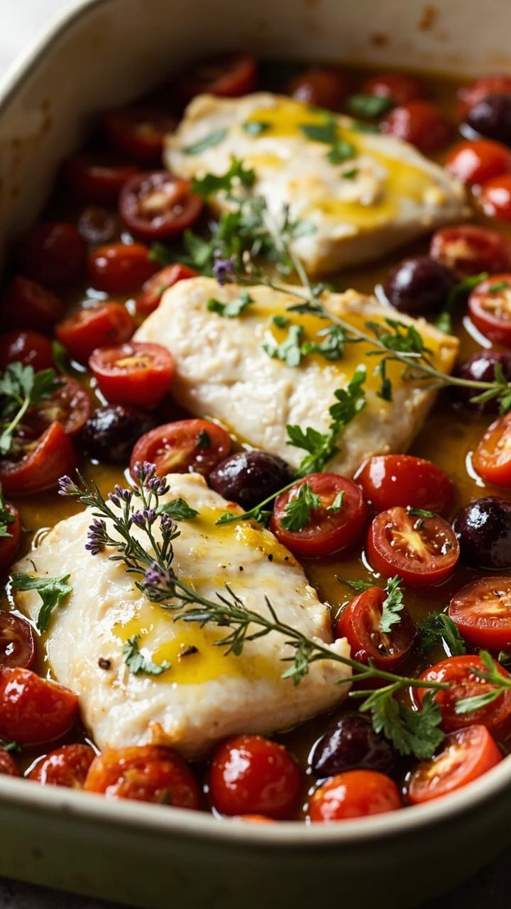 shallow baking dish with cod loins nestled in a chunky mix of halved cherry tomatoes, Kalamata olives and chopped parsley, a drizzle of olive oil glistening, a sprig of oregano on top