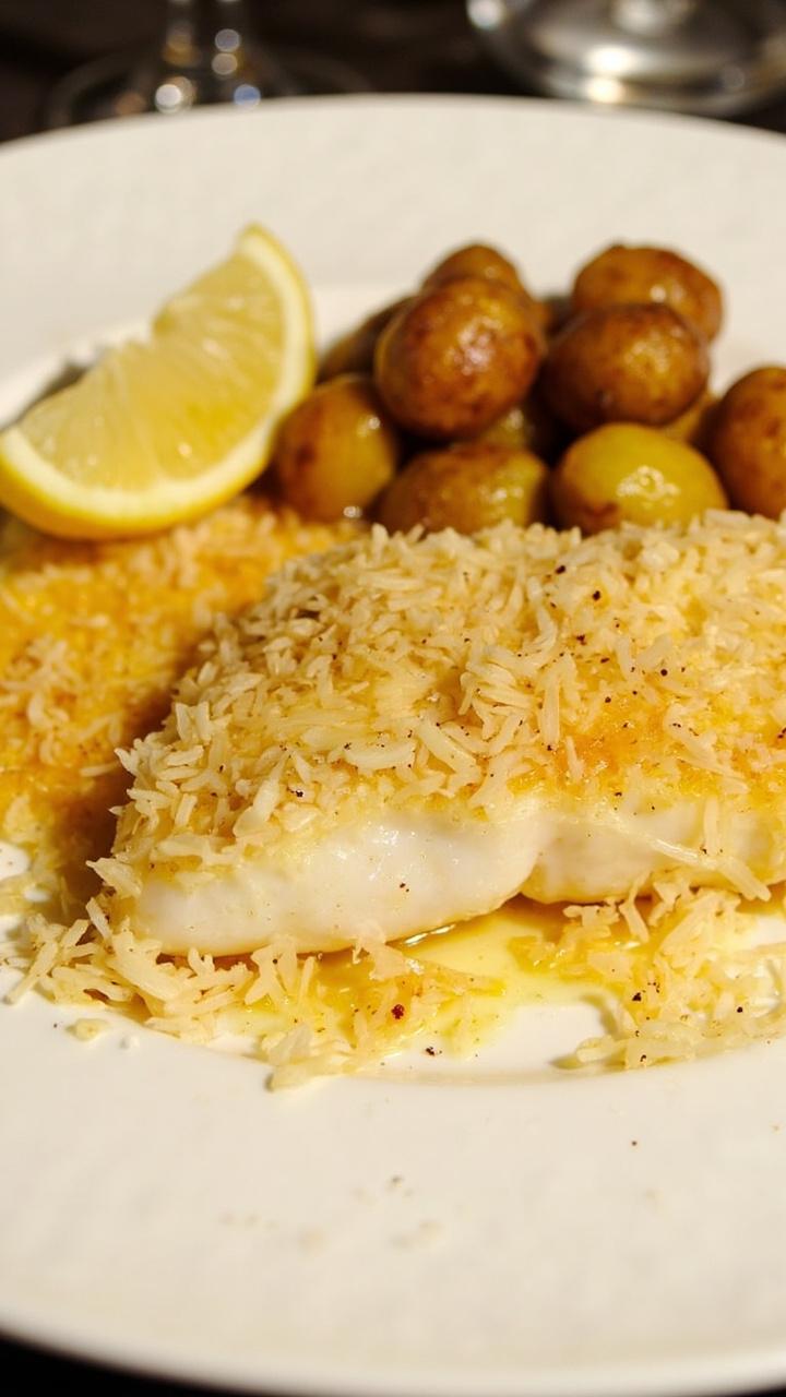 white dinner plate with a cod loin topped with a golden garlic Parmesan crust, a small pile of roasted baby potatoes and a lemon wedge, grated Parmesan visible on the crust edges