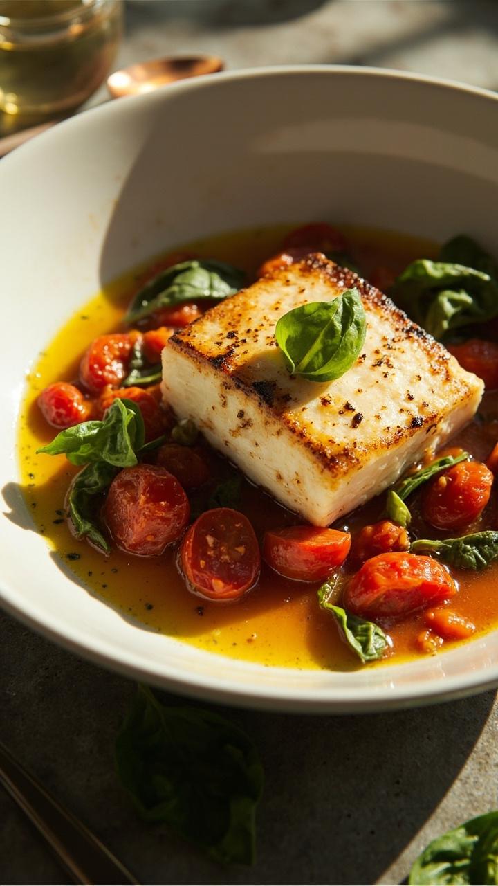 white shallow bowl with a cod loin sitting atop a soft bed of stewed tomatoes and torn basil leaves, drizzle of olive oil, a few basil leaves scattered on the table