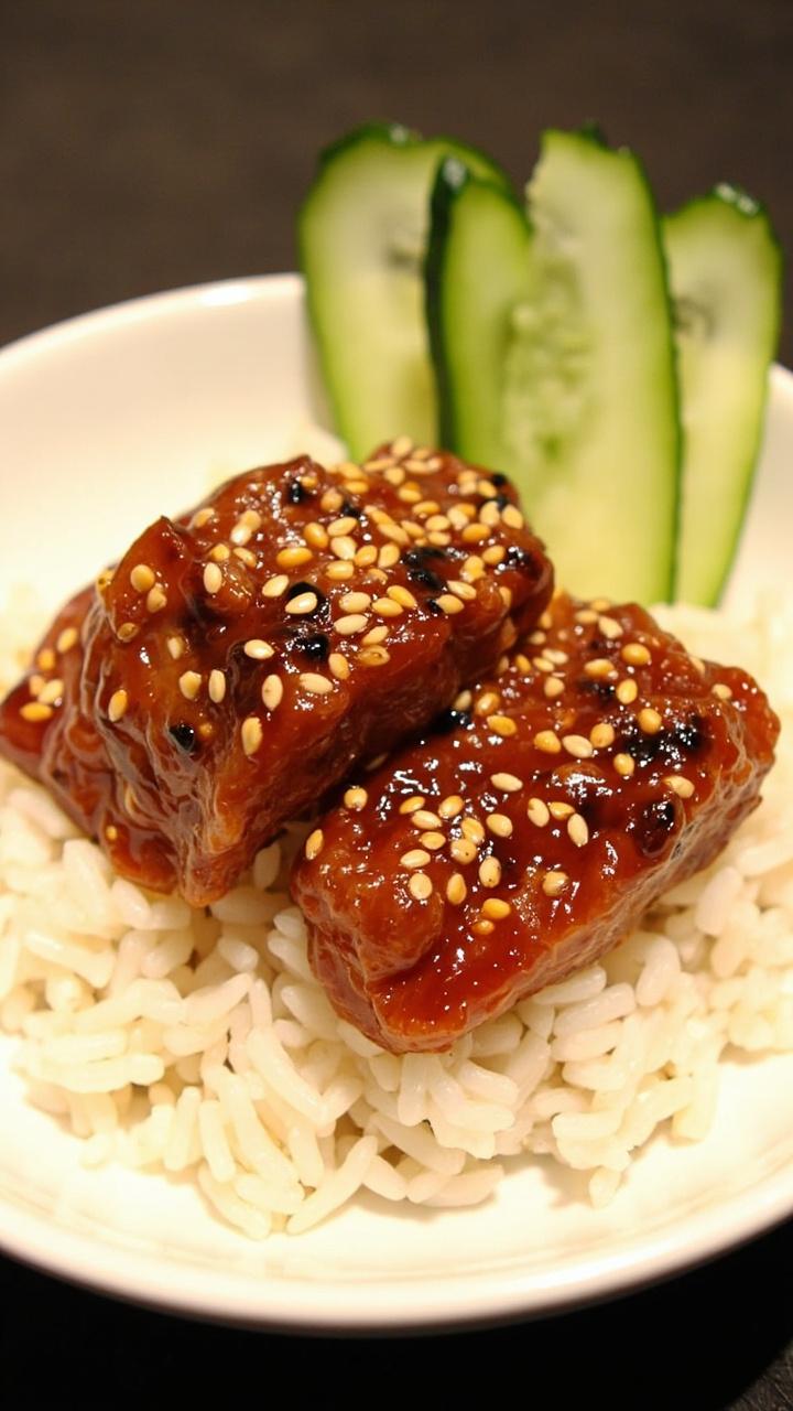 Thick tuna steaks lightly lacquered with a caramelized miso glaze, sprinkled with sesame seeds, served over white rice in a shallow bowl, with a few slices of cucumber on the side. Thick tuna steaks lightly lacquered with a caramelized miso glaze, sprinkled with sesame seeds, served over white rice in a shallow bowl, with a few slices of cucumber on the side.