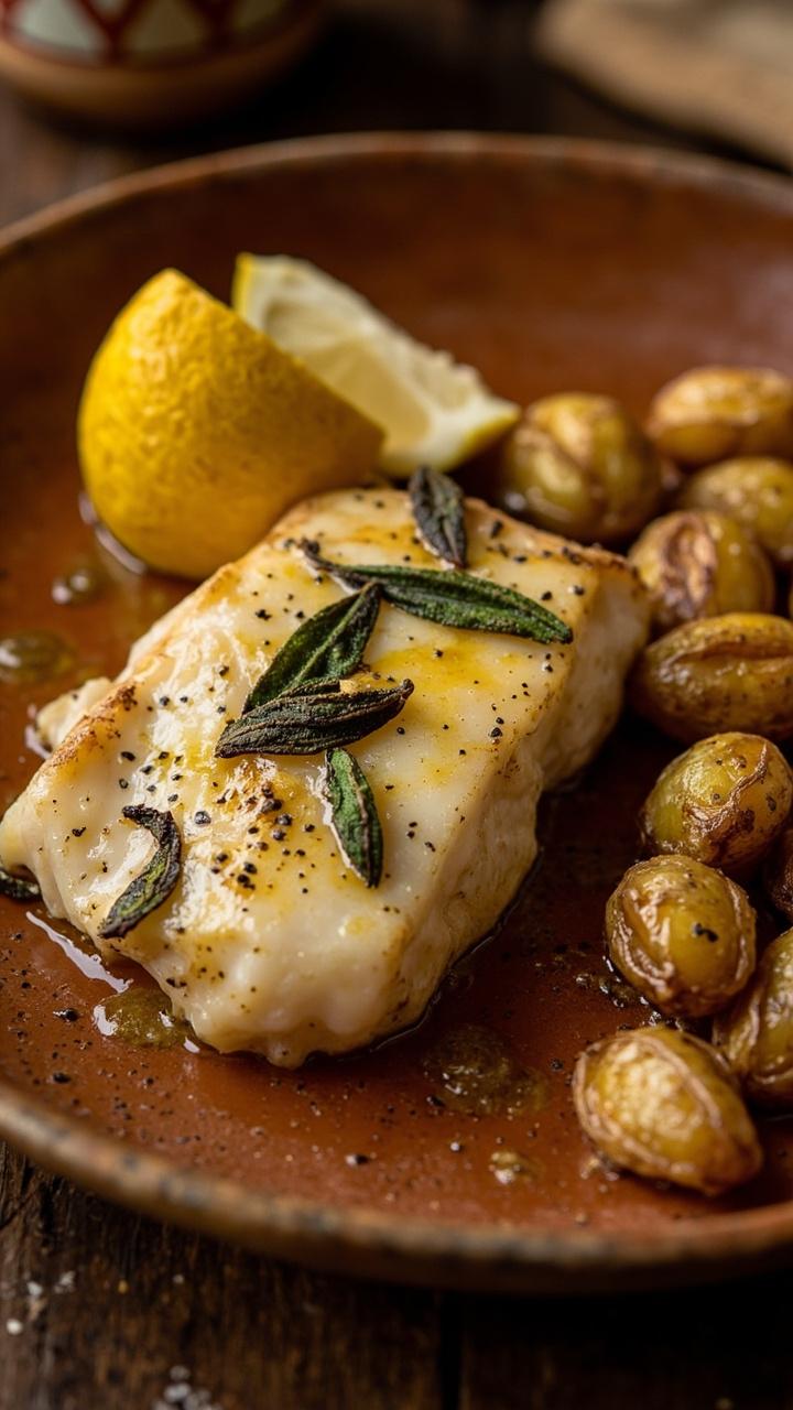rustic ceramic plate with a cod loin glistening with brown butter, a few crisped sage leaves on top, a wedge of lemon and roasted fingerling potatoes around the fish