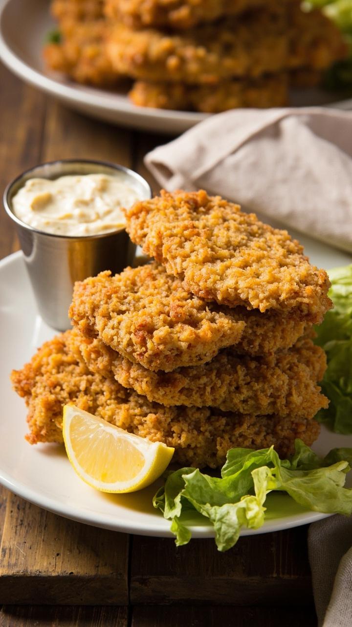 Golden cornmeal crusted catfish fillets stacked on a white dinner plate next to a small metal cup of tartar sauce a wedge of lemon and a handful of green leaf lettuce on a wooden table with a cloth napkin Golden cornmeal crusted catfish fillets stacked on a white dinner plate next to a small metal cup of tartar sauce a wedge of lemon and a handful of green leaf lettuce on a wooden table with a cloth napkin