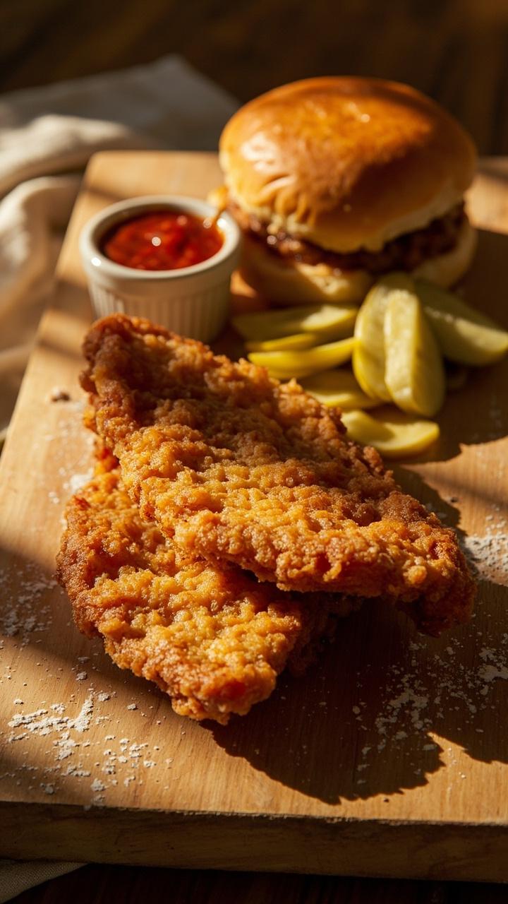 Buttermilk soaked catfish fillets pan seared to golden brown arranged on a wooden board with two soft sandwich buns pickle slices and a small ramekin of hot sauce sunlight across the board Buttermilk soaked catfish fillets pan seared to golden brown arranged on a wooden board with two soft sandwich buns pickle slices and a small ramekin of hot sauce sunlight across the board