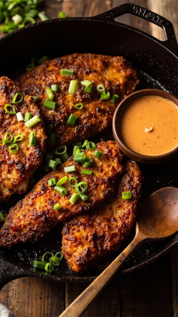 Dark spiced catfish fillets with a deep orange crust on a black cast iron skillet garnished with chopped green onions and a small bowl of remoulade sauce rustic wooden spoon on the side Dark spiced catfish fillets with a deep orange crust on a black cast iron skillet garnished with chopped green onions and a small bowl of remoulade sauce rustic wooden spoon on the side