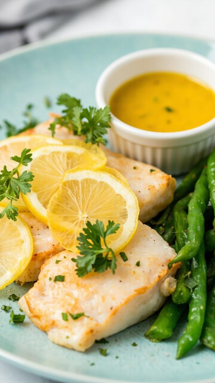 Lightly golden catfish fillets topped with thin lemon slices and fresh parsley served on a pale blue plate with a small bowl of lemon butter sauce and a side of steamed green beans Lightly golden catfish fillets topped with thin lemon slices and fresh parsley served on a pale blue plate with a small bowl of lemon butter sauce and a side of steamed green beans