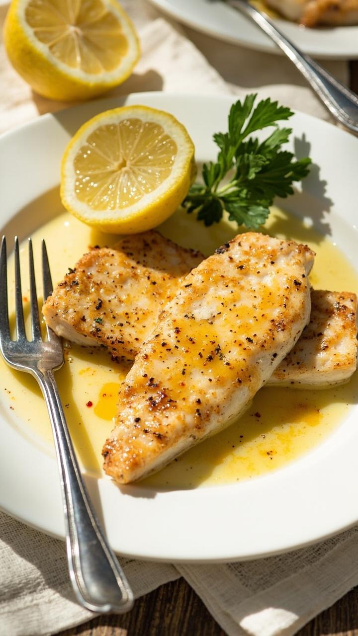 Pan seared catfish fillets glazed with glossy brown garlic butter on a white plate garnished with a sprig of parsley and a lemon half on a cloth placemat with a fork beside the plate Pan seared catfish fillets glazed with glossy brown garlic butter on a white plate garnished with a sprig of parsley and a lemon half on a cloth placemat with a fork beside the plate