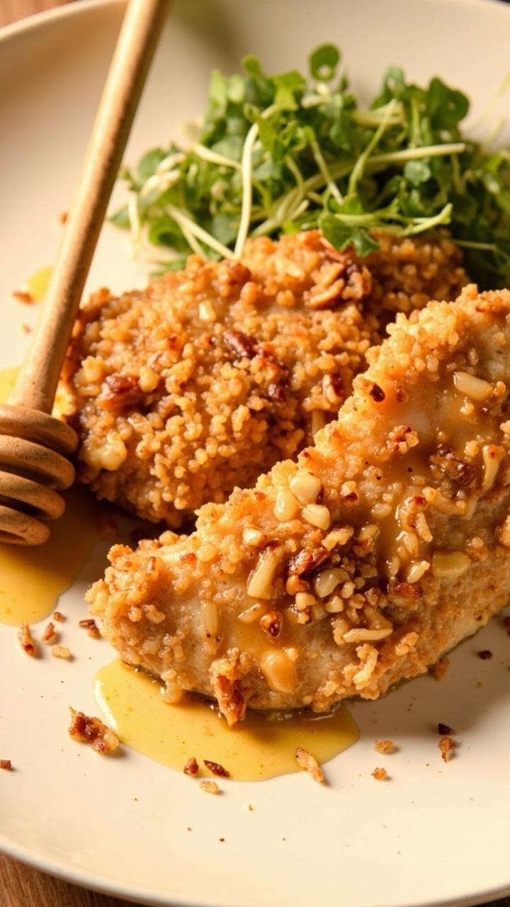 Pecan crusted catfish fillets with a light honey sheen on a cream colored plate garnished with chopped pecans and microgreens with a small honey dipper resting on the side Pecan crusted catfish fillets with a light honey sheen on a cream colored plate garnished with chopped pecans and microgreens with a small honey dipper resting on the side