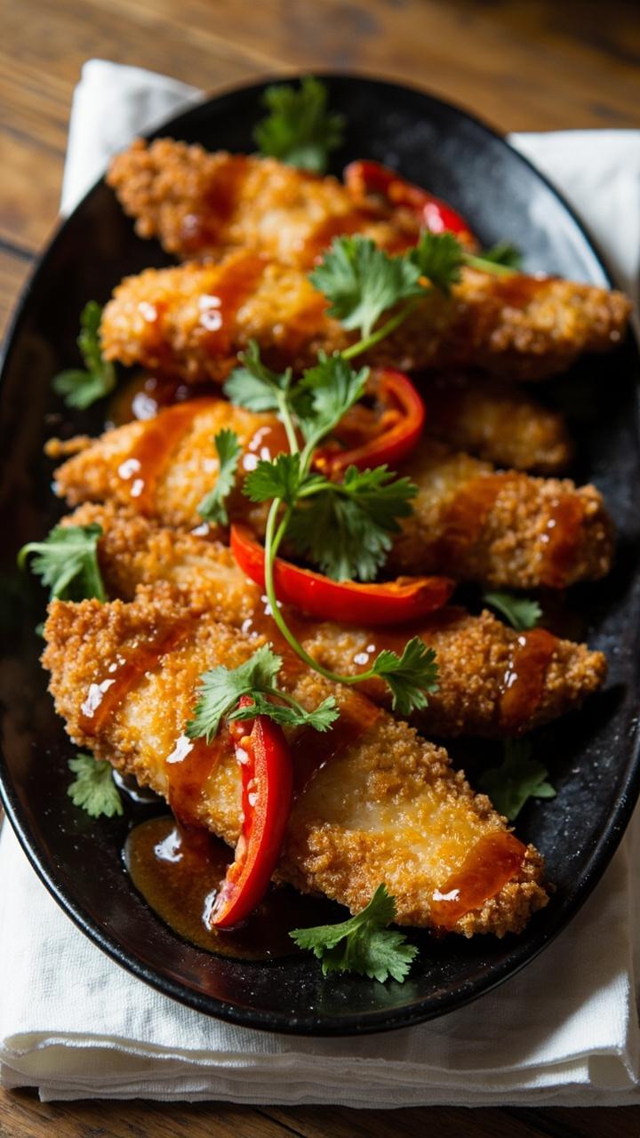 Crispy pan fried catfish fillets with a glossy amber hot honey glaze on a dark oval plate garnished with thin sliced chilies and fresh cilantro a folded napkin beneath the plate Crispy pan fried catfish fillets with a glossy amber hot honey glaze on a dark oval plate garnished with thin sliced chilies and fresh cilantro a folded napkin beneath the plate