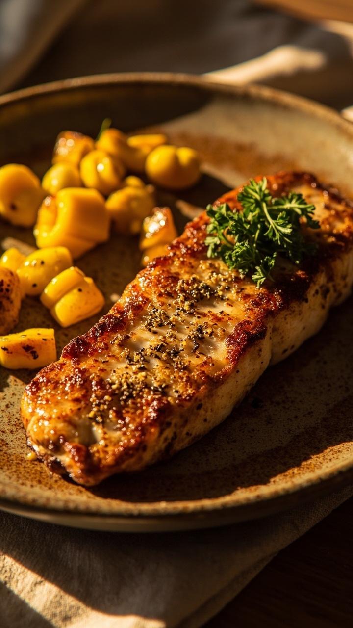 Pan seared catfish with a warm reddish crust on a ceramic plate with roasted corn kernels on the side and a dusting of chopped parsley on top a linen napkin under the plate Pan seared catfish with a warm reddish crust on a ceramic plate with roasted corn kernels on the side and a dusting of chopped parsley on top a linen napkin under the plate