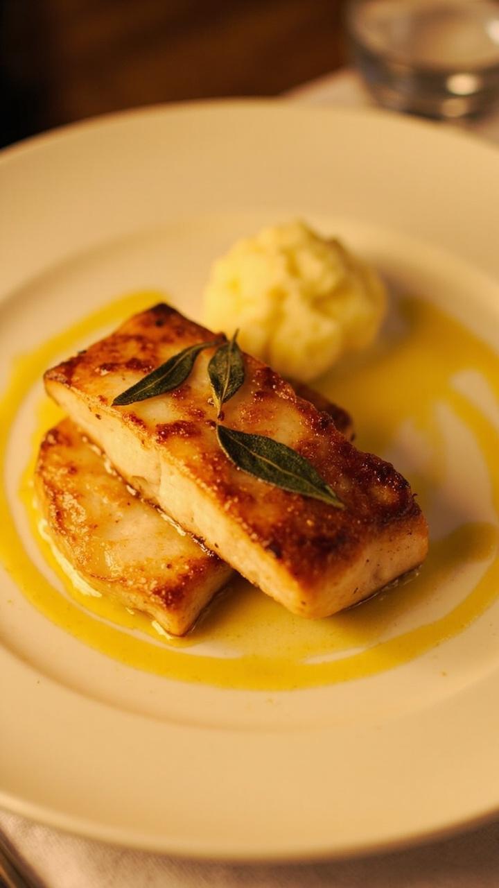 Light brown butter glazed catfish fillets topped with crisped sage leaves on an off white plate with a small mound of mashed potatoes and a drizzle of butter around the plate Light brown butter glazed catfish fillets topped with crisped sage leaves on an off white plate with a small mound of mashed potatoes and a drizzle of butter around the plate