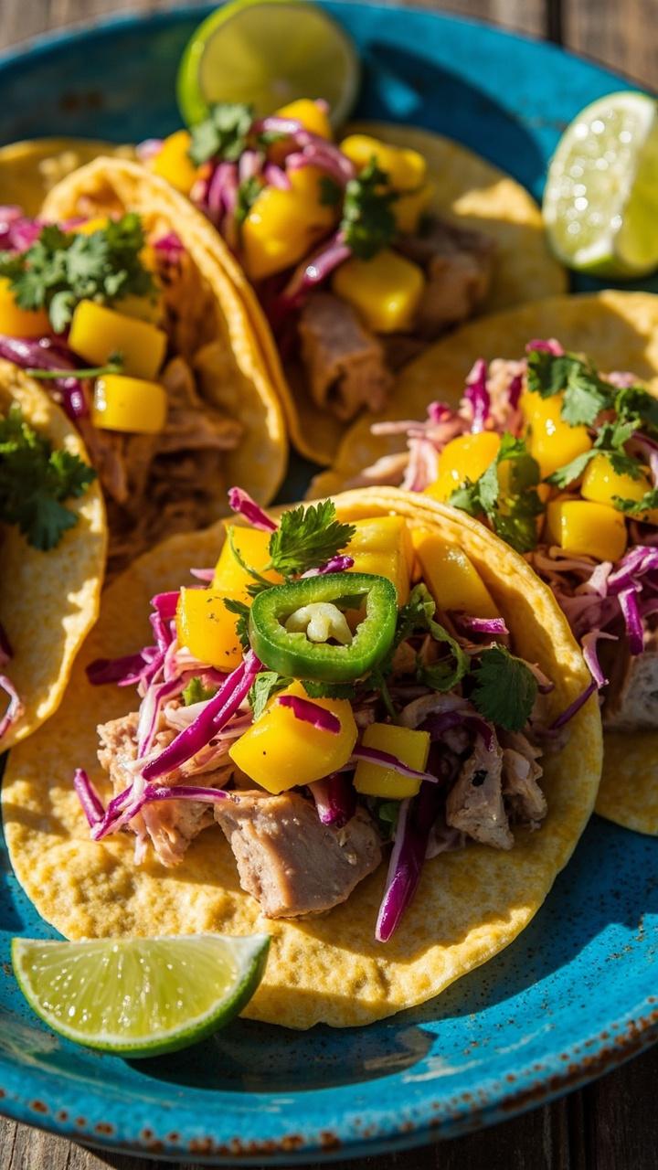 Corn tortillas filled with flaky tuna steak chunks, bright mango salsa, shredded red cabbage, and cilantro, laid out on a blue ceramic platter with lime wedges. Corn tortillas filled with flaky tuna steak chunks, bright mango salsa, shredded red cabbage, and cilantro, laid out on a blue ceramic platter with lime wedges.