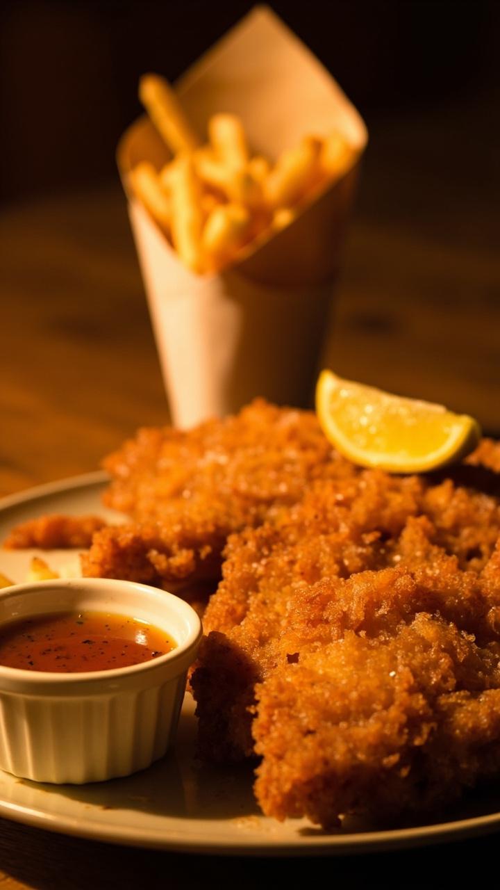 Light golden battered catfish fillets with a bubbly crisp crust on a round plate with a small bowl of malt vinegar and a lemon wedge and a paper cone of fries in the background Light golden battered catfish fillets with a bubbly crisp crust on a round plate with a small bowl of malt vinegar and a lemon wedge and a paper cone of fries in the background