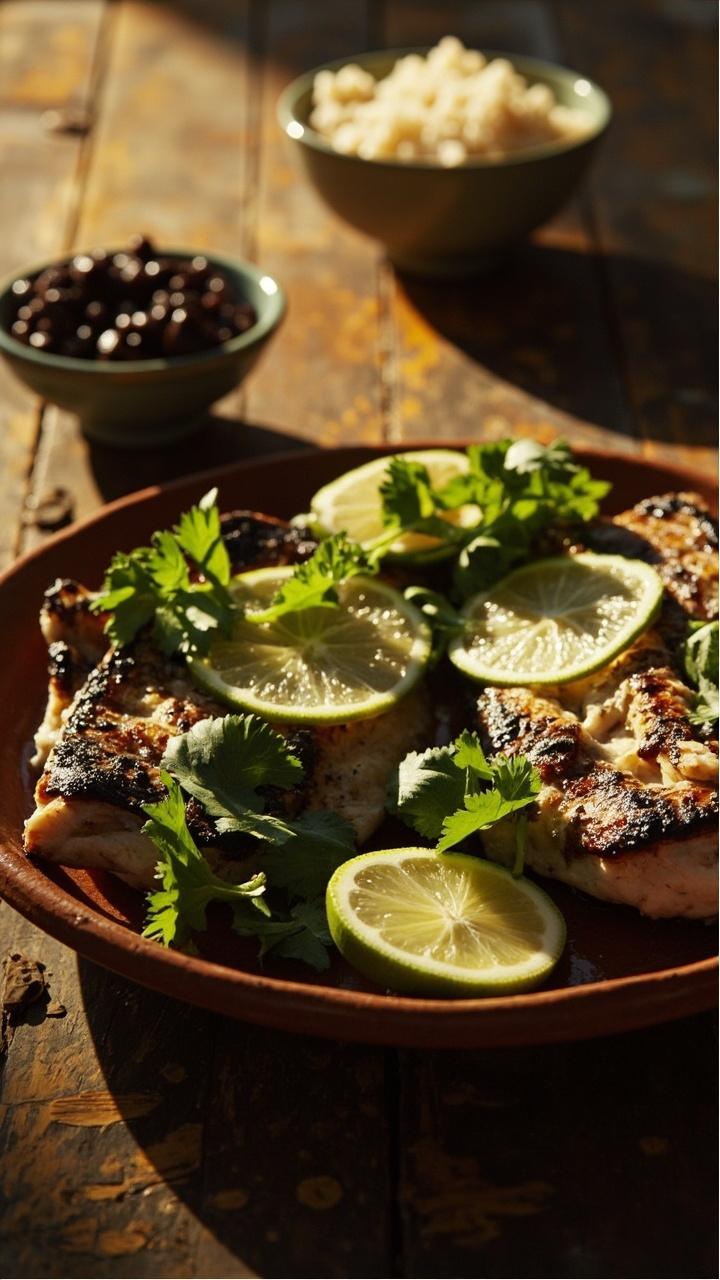 Dark charred edged catfish fillets on a rustic plate topped with thin lime slices and cilantro with a side of black beans and rice in the background Dark charred edged catfish fillets on a rustic plate topped with thin lime slices and cilantro with a side of black beans and rice in the background