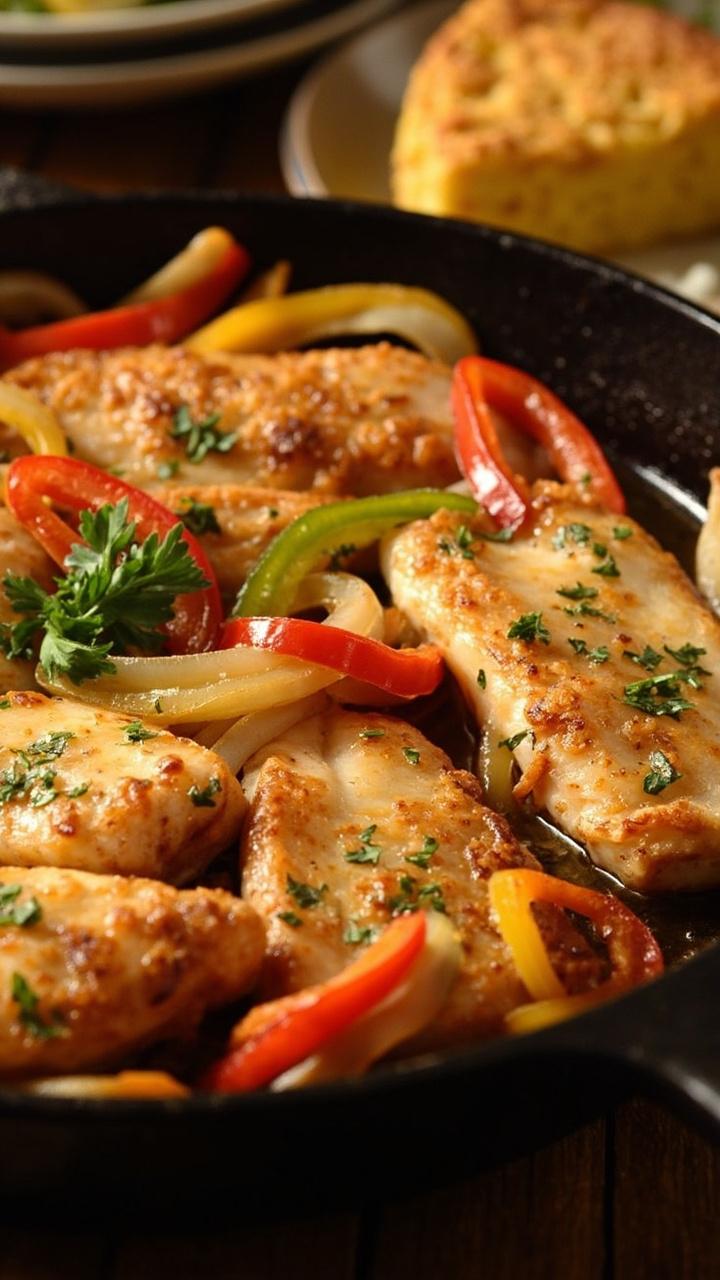Pan fried catfish fillets nestled among soft golden onions and red and green bell pepper strips on a shallow skillet with a sprinkle of chopped parsley and a piece of cornbread at the edge Pan fried catfish fillets nestled among soft golden onions and red and green bell pepper strips on a shallow skillet with a sprinkle of chopped parsley and a piece of cornbread at the edge