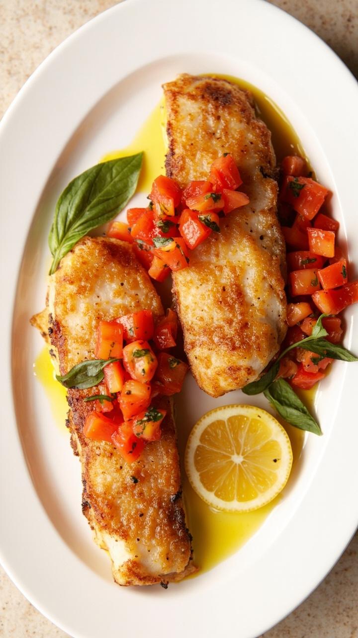 Pan fried catfish fillets topped with a salsa of diced ripe tomatoes basil and a drizzle of olive oil on a white oval plate with a small basil sprig and a slice of grilled lemon Pan fried catfish fillets topped with a salsa of diced ripe tomatoes basil and a drizzle of olive oil on a white oval plate with a small basil sprig and a slice of grilled lemon