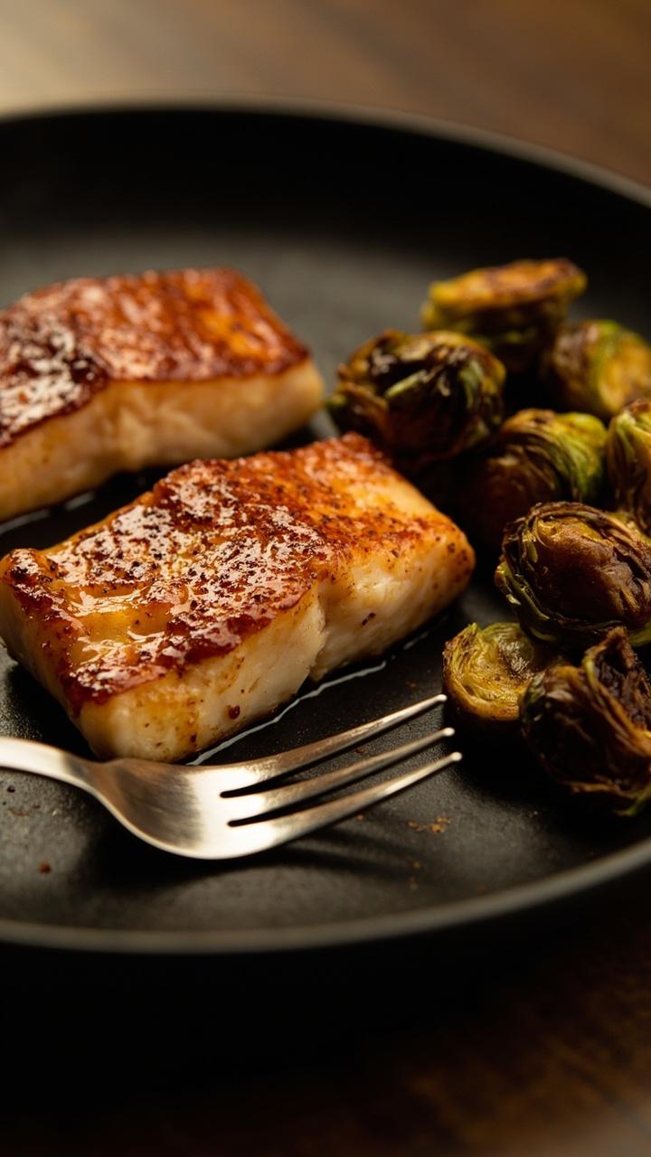 Pan glazed catfish fillets with a shiny amber maple glaze and a light sprinkle of smoked paprika on a dark plate with roasted Brussels sprouts on the side and a fork resting beside the plate Pan glazed catfish fillets with a shiny amber maple glaze and a light sprinkle of smoked paprika on a dark plate with roasted Brussels sprouts on the side and a fork resting beside the plate