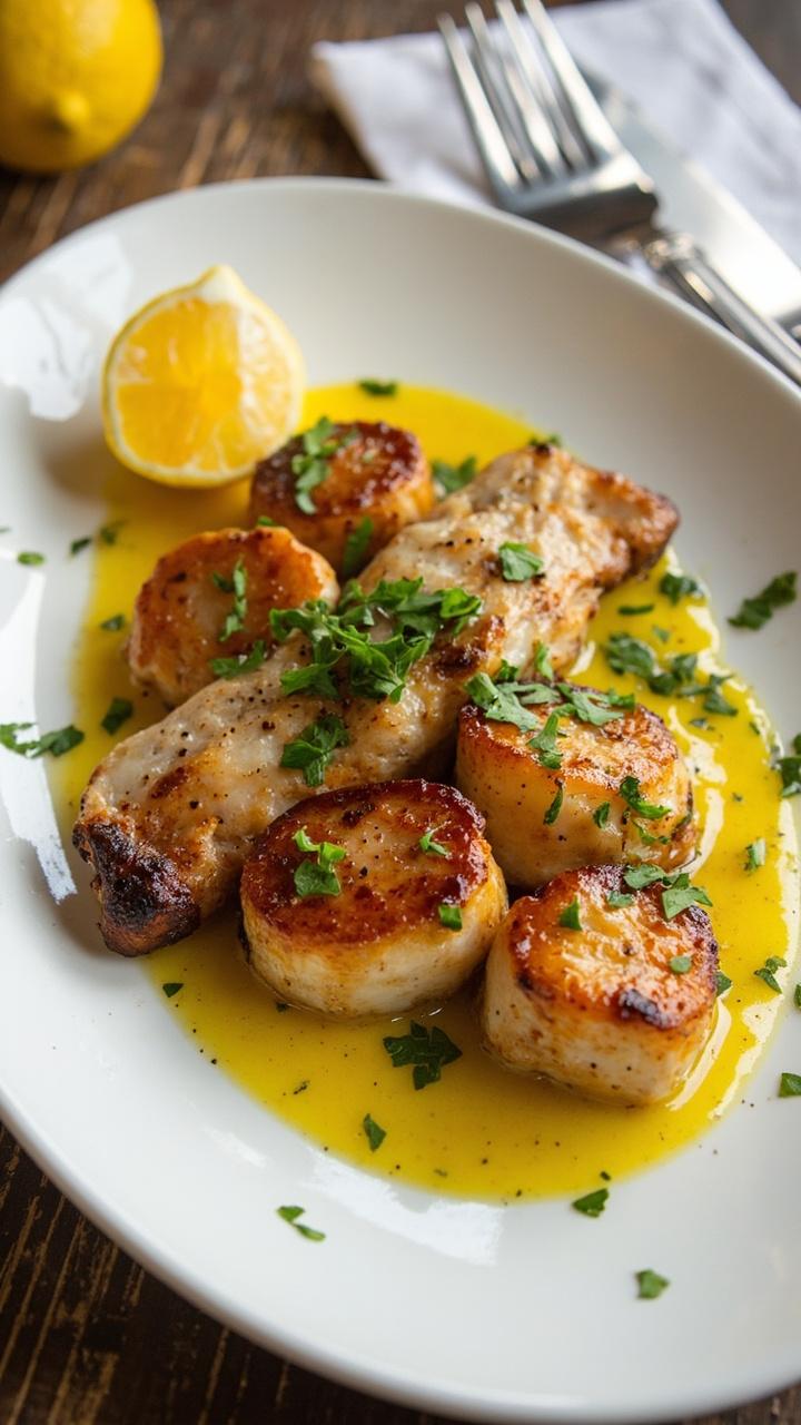 Crisp golden chicken breast slices on a white oval plate, four seared scallops nestled beside the chicken, a glossy pool of lemon butter sauce, bright chopped parsley sprinkled on top, a lemon wedge at the side, wooden table and linen napkin visible.