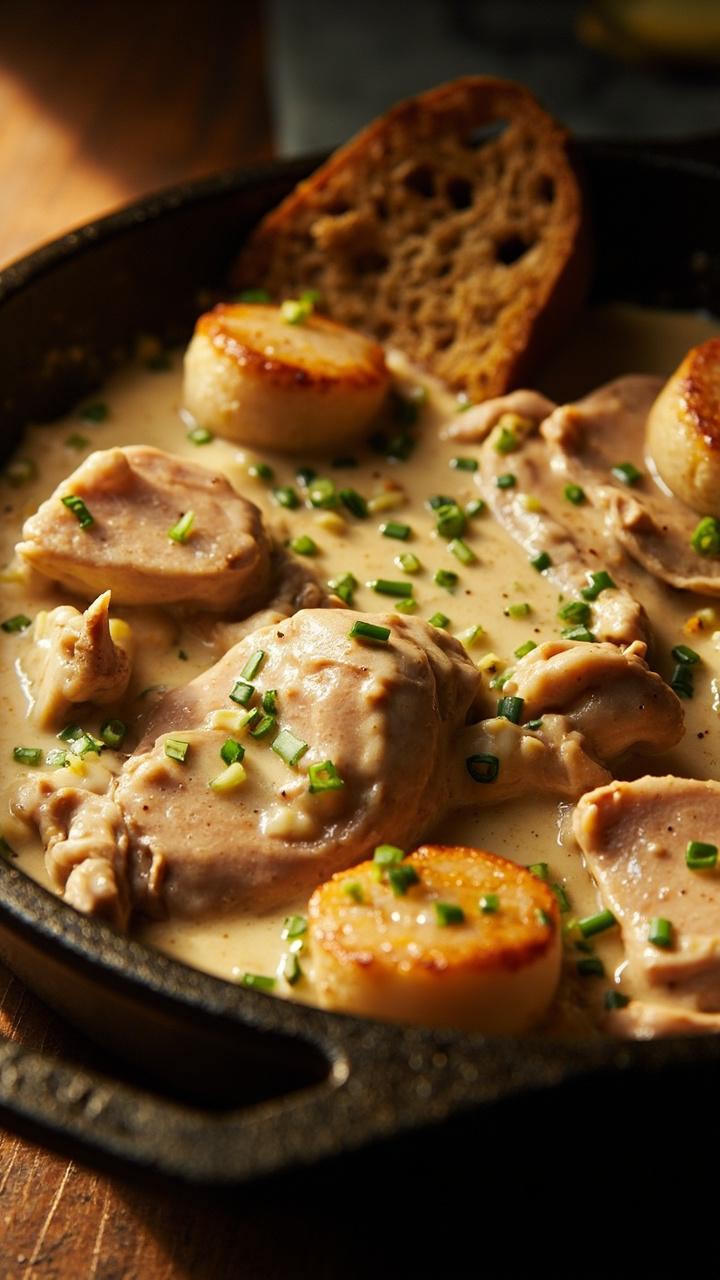 A shallow cast iron skillet filled with sliced chicken thighs and golden seared scallops in a creamy off white sauce, flecks of chopped chives on top, crusty bread half visible on the side for dipping, warm kitchen lighting.