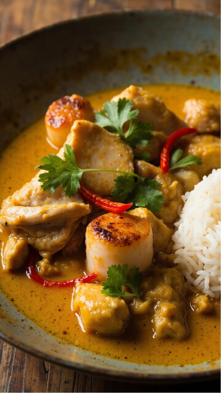 A shallow bowl of golden coconut curry with bite sized chicken pieces and seared scallops visible on top, garnished with cilantro leaves and thin red chili slices, jasmine rice molded beside the curry, bright and colorful.