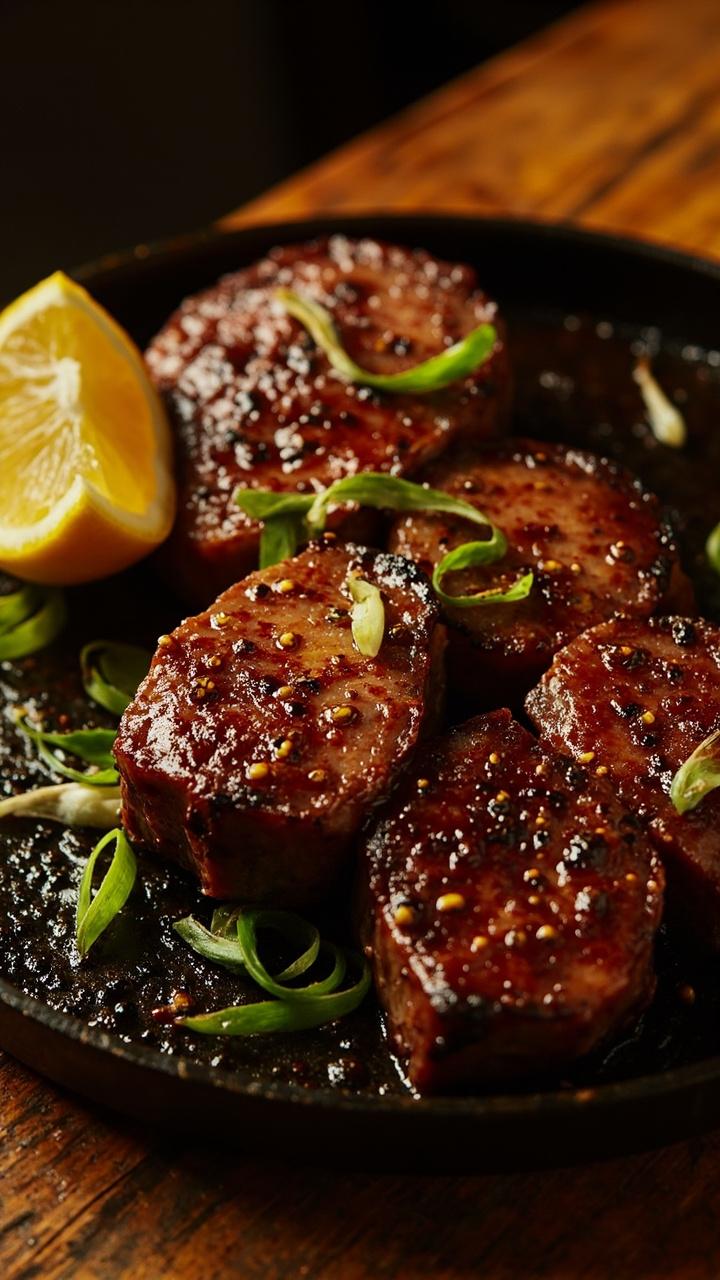 Tuna steaks with a deep reddish crust, flecks of spice, served on a round cast iron platter, finished with scallions and a side of lemon wedges. Tuna steaks with a deep reddish crust, flecks of spice, served on a round cast iron platter, finished with scallions and a side of lemon wedges.