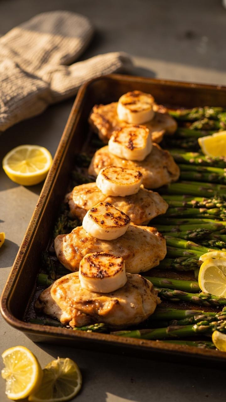 A rimmed baking sheet with golden roasted chicken thighs, a single row of asparagus spears, three scallops browned and placed on top of asparagus, lemon wedges scattered, simple oven mitt in the background.