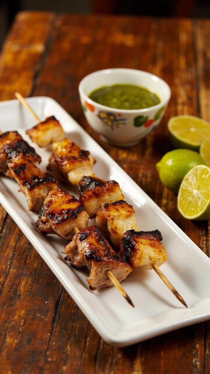 Two wooden skewers on a rectangular plate, alternating grilled chicken cubes and charred scallops, a small bowl of green chimichurri beside them, lime halves and a rustic wooden table.