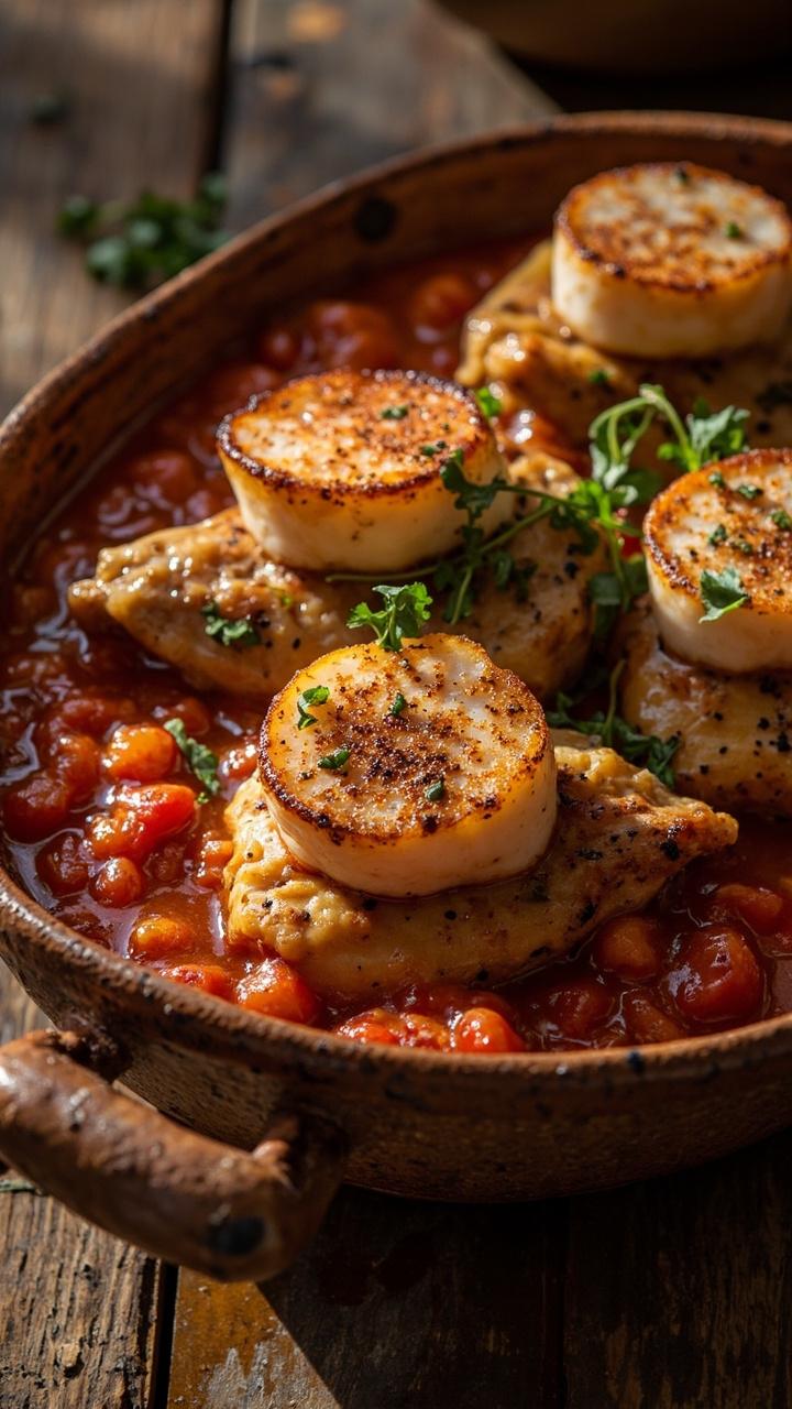 A shallow earthenware dish with braised chicken pieces in a chunky red tomato sauce, scallops arranged on top and lightly browned, chopped parsley and a sprinkle of smoked paprika on the sauce, rustic table setting.