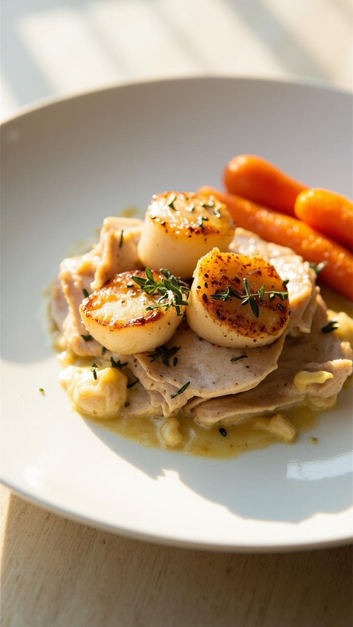 A shallow white plate with sliced chicken in a pale mustard cream sauce, three golden scallops resting on top, flecks of dried tarragon, a small side of roasted baby carrots, pale wooden table beneath.