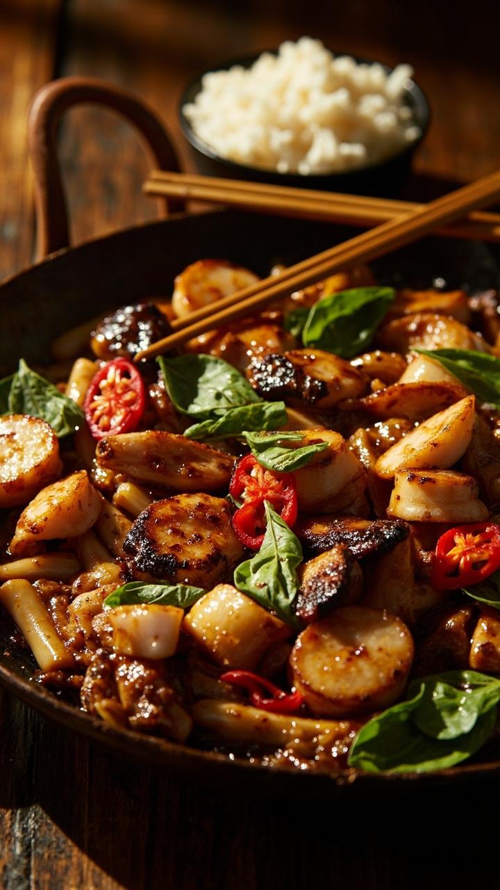 A colorful wok style plate with glossy stir fried chicken strips, scallops tucked into the mix, bright green basil leaves and slices of red chili, steamed rice in a bowl beside the plate, chopsticks set across.