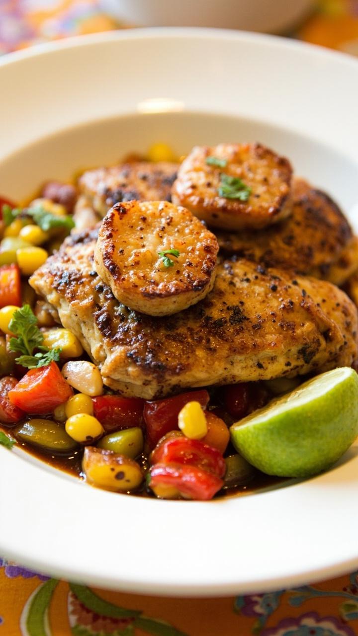 A deep round plate with two Cajun seasoned chicken breasts, scallops arranged on top, a colorful corn and bell pepper succotash to the side, lime wedge and chopped cilantro garnish, bright tablecloth.